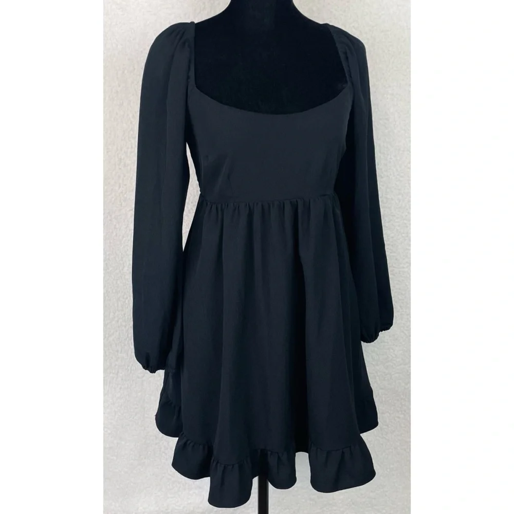 ABERCROMBIE & FITCH • Black Ruffle-Trim Long Sleeve Babydoll Mini Dress, SP - Picture 12 of 16